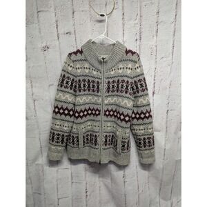 LL Bean Wool‎ Fair Isle Sweater Nordic Cardigan Zip Womens LambsWool Sz L Large